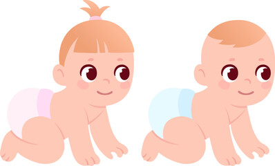 Cute cartoon drawing of crawling blond Caucasian baby boy and girl. Baby gender color on diapers. Vector clip art illustration.