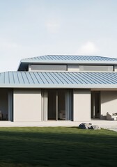 Contemporary house with lawn area and minimalist exterior under cloudy skies