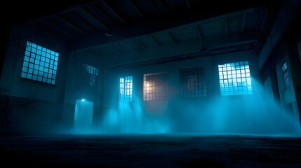 Eerie Abandoned Warehouse with Blue Smoke and Light Beams from Windows.