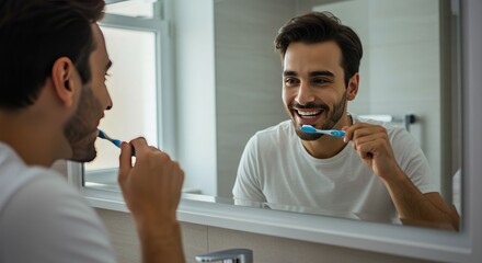 Man brushing teeth in bathroom mirror showing healthy dental hygiene