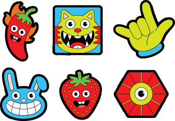 Bright cartoon sticker set featuring fun expressive characters, colorful kawaii icons, playful animals, fruits, hands and decorative fantasy shapes for designs
