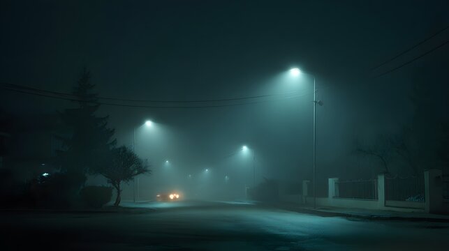 Eerie foggy street at night illuminated by glowing green streetlights creating a mysterious atmosphere.