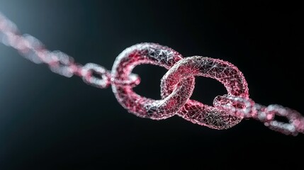 A close-up, abstract depiction of two interconnected chain links, rendered with a polygonal, digital mesh texture in shades of red and white. The background is