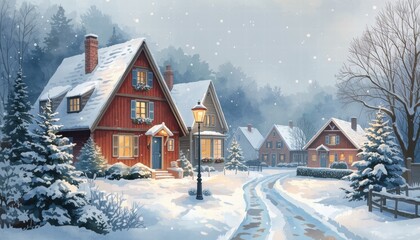 Cozy winter village with snow-covered houses and street lamp  