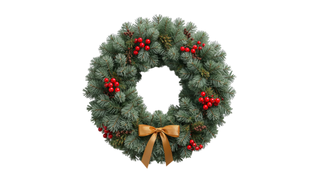Traditional christmas wreath with red berries, pine needles, and golden bow isoleted on transparent background.