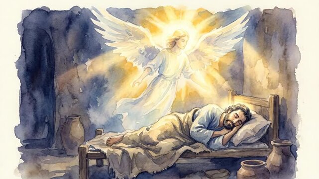 Watercolor animation of an angel visiting Joseph in a dream. Biblical illustration of a divine messenger appearing to a sleeping man in a rustic room