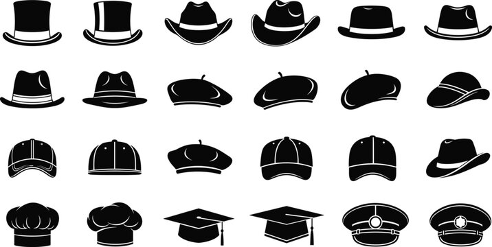Collection of various hat silhouettes, classic and modern headwear icons, elegant black vector illustration set for fashion, costume design, accessories and style themes