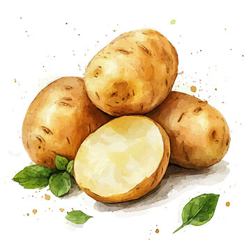 Watercolor_style_painting_of_fresh_potato_on_a_white_Hand-painted watercolor design, vectorized, painting style, vector set available in EPS, simple design
