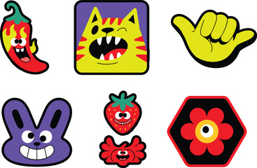 Colorful cartoon sticker pack featuring cute expressive characters, bold kawaii icons, playful animals, fruits, hand gestures and decorative graphic elements