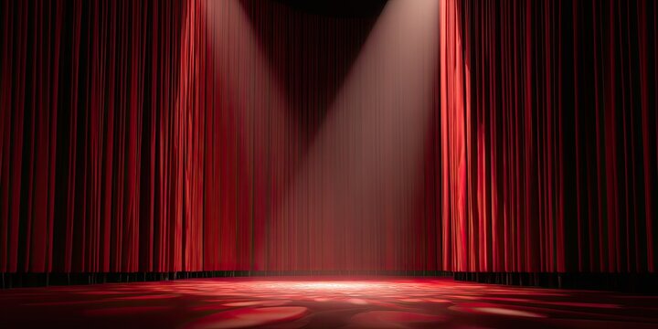Empty stage lit by spotlights.  Red velvet curtains