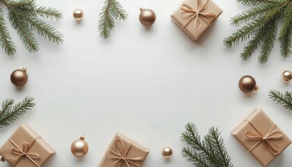 Christmas gifts and decorations with pine branches and ornaments  