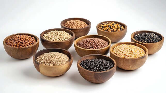 Collection of various dried legumes and grains in wooden bowls