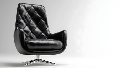 Fototapeta premium Elegant black leather swivel armchair with quilted backrest isolated on a white studio background.