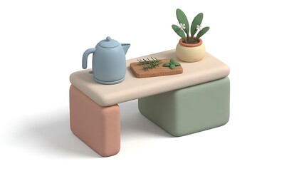 3D cartoon pastel modern kitchen counter with kettle, wooden cutting board, and pot of herbs, clean and minimalist look, isolated on white background.