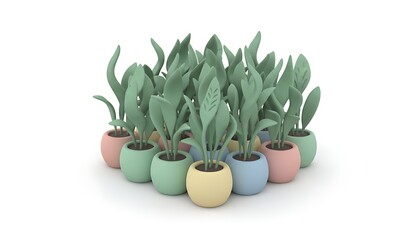 3D cartoon clay pastel indoor plant pots arranged in a clean geometric layout, featuring soft green leaves and smooth rounded shapes, isolated on white background.