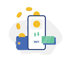Crypto wallet with mobile smartphone. Cryptocurrency transaction and Mobile banking infographic. Purchasing crypto currency on mobile phone with credit card. Crypto wallet for bitcon