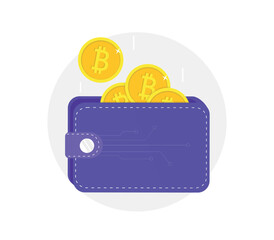 Crypto wallet. Digital bitcoin wallet. Violet bitcoin wallet with coins isolated on white background. Vector illustration