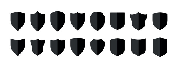Shield icon set. Security shields logotypes. Badge quality symbol, sign, logo or emblem. Collection of shield icon vector template isolated. Black and white shield silhouette. Vector illustration