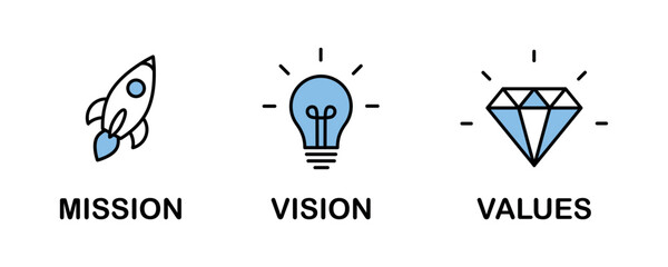 Mission. Vision. Values. Web page template. Modern flat design concept. Purpose business concept. Mission symbol illustration. Success and growth concepts. Business vision presentation