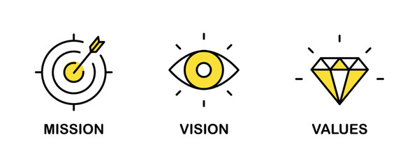 Mission. Vision. Values. Web page template. Modern flat design concept. Purpose business concept. Mission symbol illustration. Success and growth concepts. Business vision presentation