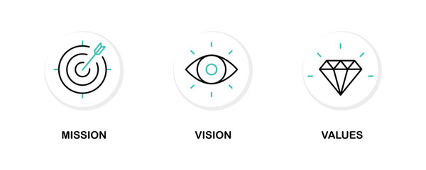 Mission. Vision. Values. Web page template. Modern flat design concept. Purpose business concept. Mission symbol illustration. Success and growth concepts. Business vision presentation