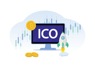 ICO cryptocurrency startup. Online crypto token sale illustration for landing page. Technology, blockchain startup, crowdfunding template.  ICO Token production process vector illustration