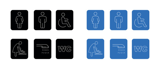 Washroom symbols collection. Public toilet icon set male and female, physically handicapped, baby seat, shower. Sign of washroom for male, female and children