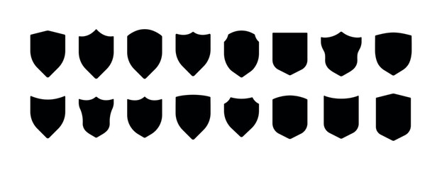 Shield icon set. Security shields logotypes. Badge quality symbol, sign, logo or emblem. Collection of shield icon vector template isolated. Black and white shield silhouette. Vector illustration