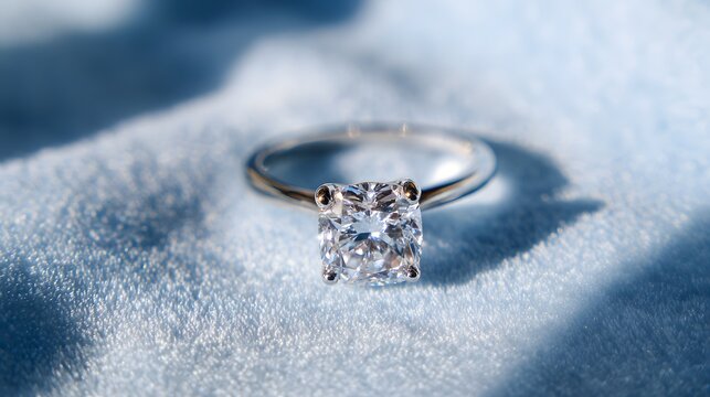 Elegant cushion cut diamond solitaire engagement ring sparkling on a soft blue fabric.