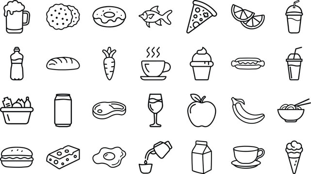 Bundle of Media Player and Audio/Video Control Line Art Icons: Play, Pause, Skip, Shuffle, Volume, and Multimedia Playback Symbols