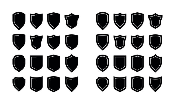 Shield icon set. Security shields logotypes. Badge quality symbol, sign, logo or emblem. Collection of shield icon vector template isolated. Black and white shield silhouette. Vector illustration