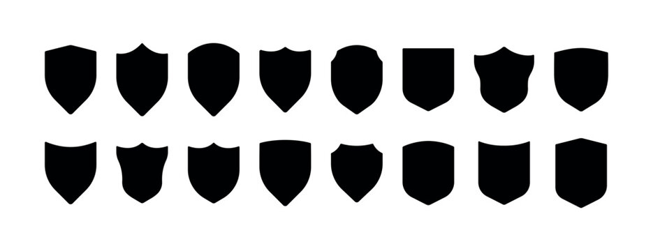 Shield icon set. Security shields logotypes. Badge quality symbol, sign, logo or emblem. Collection of shield icon vector template isolated. Black and white shield silhouette. Vector illustration
