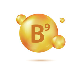 Vitamin B9 gold capsule. Pill capcule vector illustration isolated on white background. Nutrition skin care. Beauty and health vector concept. Folic acid vitamin drop pill capsule