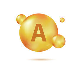 Vitamin A gold capsule. Pill capcule vector illustration isolated on white background. Nutrition skin care. Beauty and health vector concept. Retinol vitamin drop pill capsule.