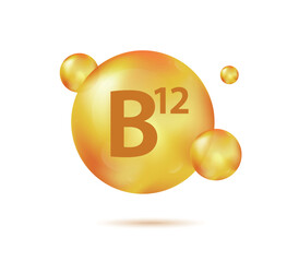 Vitamin B12 gold capsule. Pill capcule vector illustration isolated on white background. Nutrition skin care. Beauty and health vector concept. Cobalamin vitamin drop pill capsule