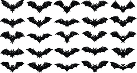 Set of black flying bat silhouettes isolated on white background, Halloween vector illustration collection for scary design, spooky night vampire symbols, creepy horror graphic icons.
