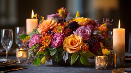 Obraz premium Elegant floral centerpiece with romantic candlelight on a formal dinner table.