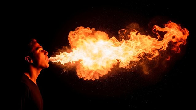 Fire breather performing with flames against a dark background.