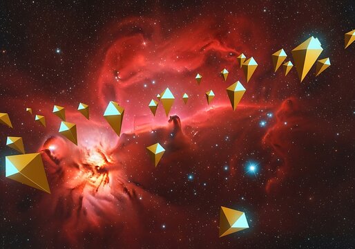 Geometric space forms adrift in cosmic nebulae, a vibrant celestial scene - Powered by Adobe