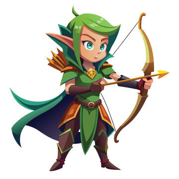 A young elf archer stands poised with a drawn bow and arrow