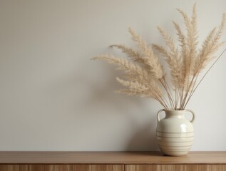 Naklejka premium close-up_of_ceramic_vase_with_dried_flowers_on_a_wooden_console