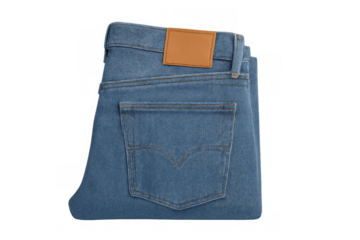 Folded blue denim jeans with blank leather patch and back pocket on a transparent background