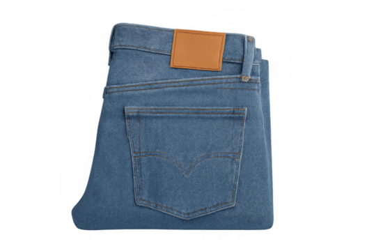 Folded blue denim jeans with blank leather patch and back pocket on a transparent background