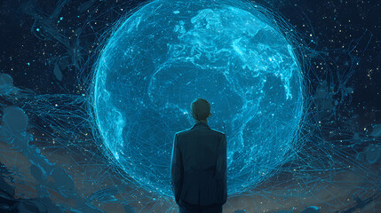 Man gazes at glowing blue earth network suit globe