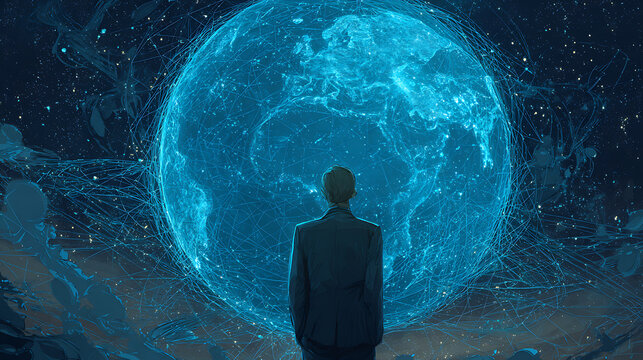 Man gazes at glowing blue earth network suit globe