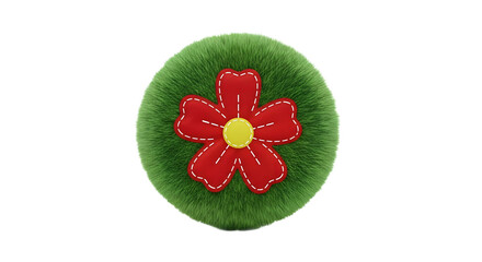A green fuzzy ball with a red and yellow flower in the center  on transparent background