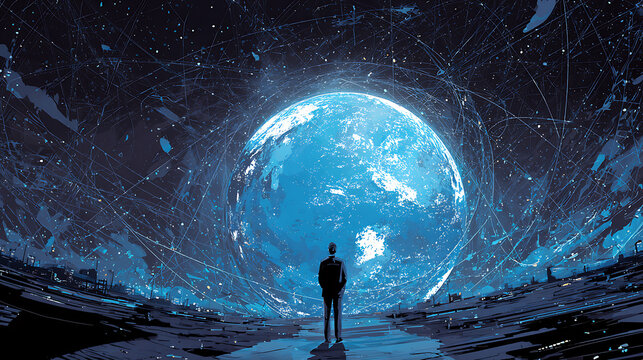 Man gazes at glowing blue planet surrounded by cosmic connections image