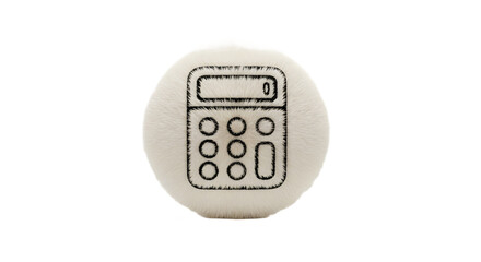 Fuzzy white ball with calculator symbol on it against white background 