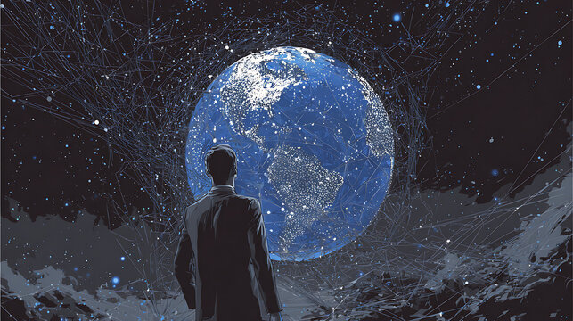 Man gazes at glowing interconnected planet suit earth