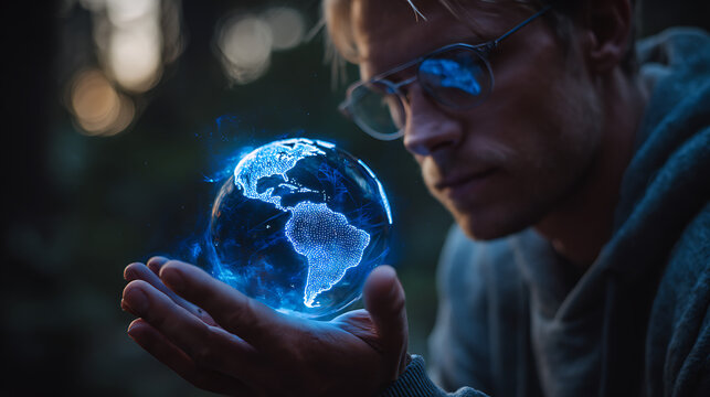 Man holding glowing blue holographic earth with digital continents image